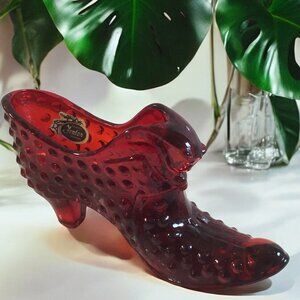 Vintage Fenton Glass Ruby Red Hobnail Cat Head Slipper Shoe (Cadmium) Glows.